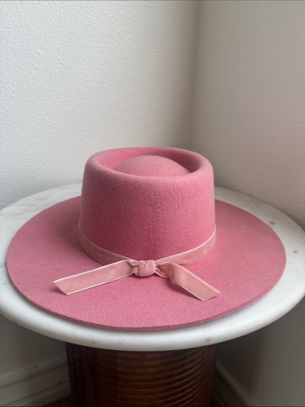 Lack of Color Pink Wide Brim Felt Hat with Velvet Bow